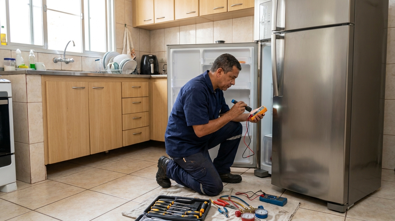 Técnico aplicando recarga de gás refrigerante em geladeira em Cabo Frio‑RJ